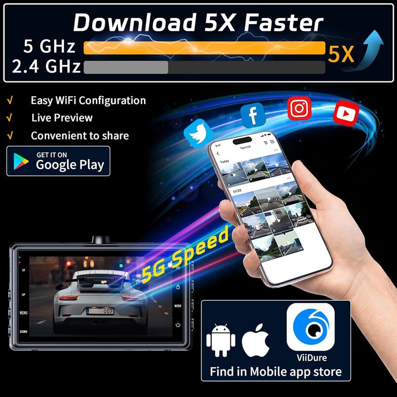 pahaa Dash Cam 4K 2160P Front and Rear, 5G WiFi High Speed Dash Camera for Cars with App, 3.0" IPS Screen,UHD Night Vision 24H Parking Mode, 170° Ultra Wide Angle, WDR, G-Sensor,with a Free 64G SD Card - Image 5